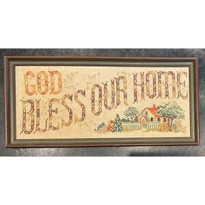 Vintage Country Farmhouse Folk Art God Bless Our Home Cross Stitch With Frame